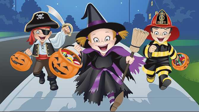 Kids in Halloween costumes running TF12A535